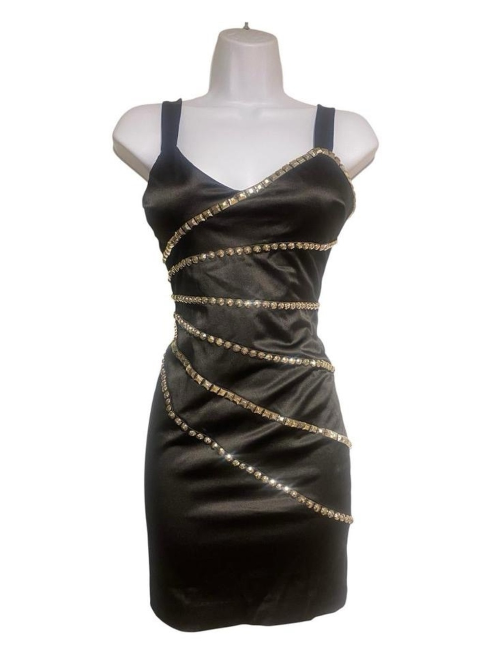 Y2k Bebe black satin mini dress with silver studs